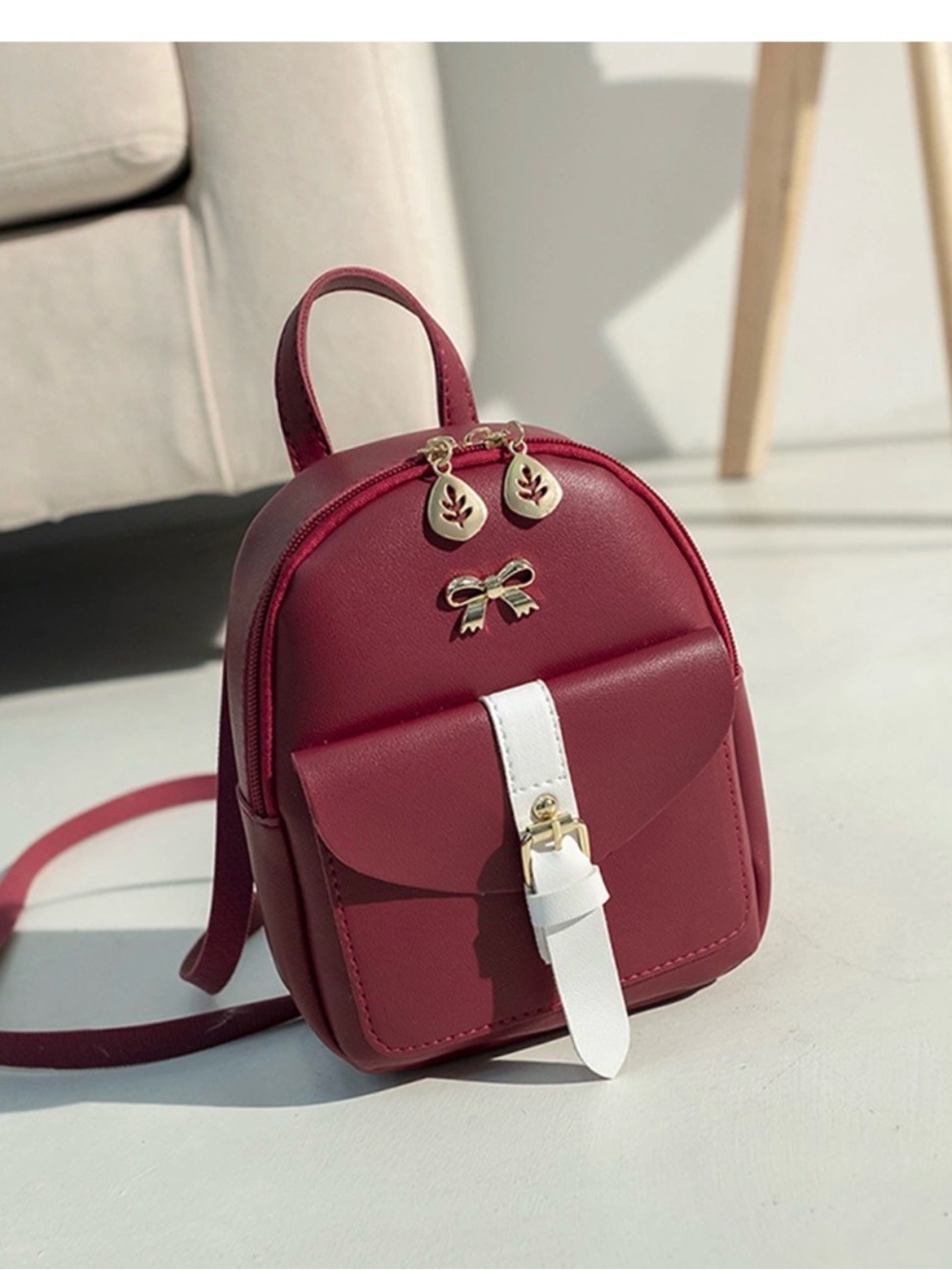 Compact Burgundy Mini Backpack with White Strap and Bow Accent